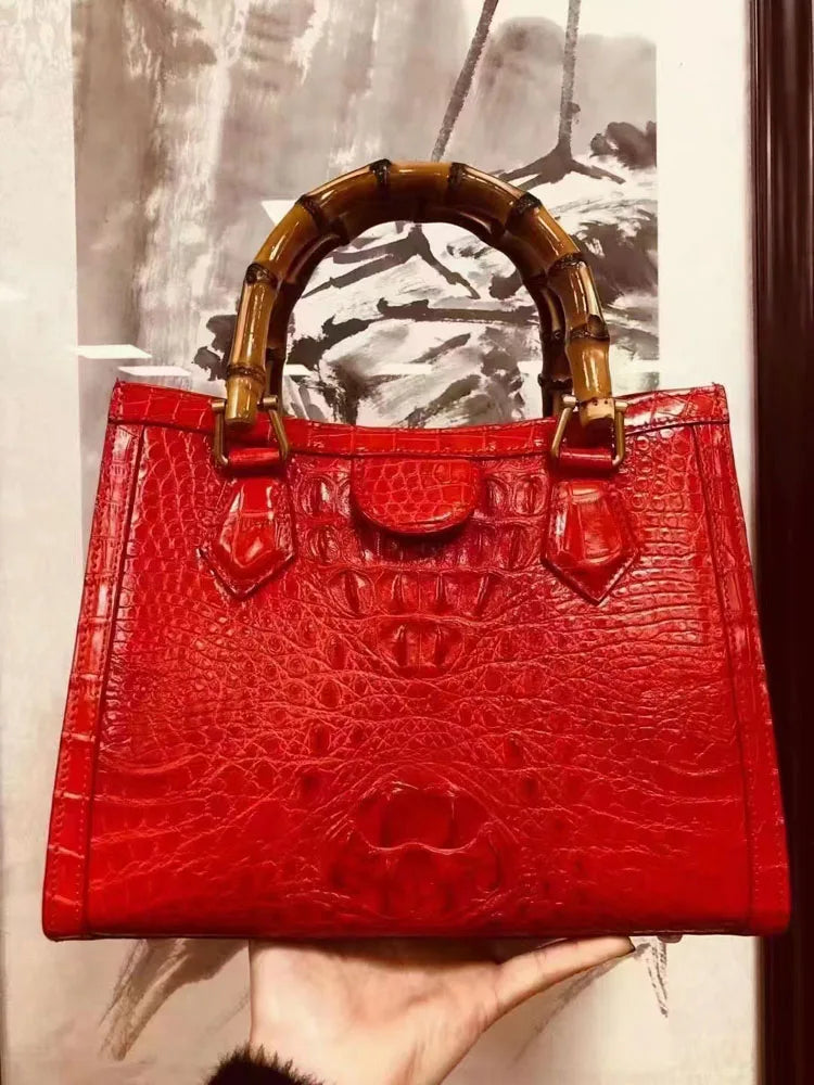 Elegant Croc-Embossed Leather Bamboo Handle Tote Bag
