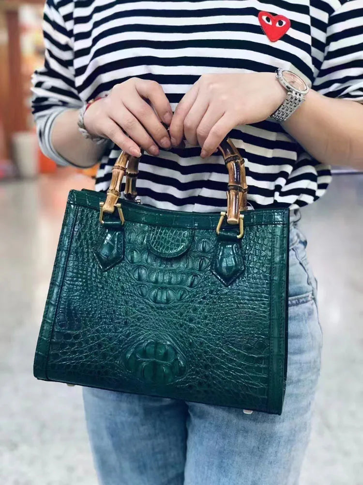 Elegant Croc-Embossed Leather Bamboo Handle Tote Bag