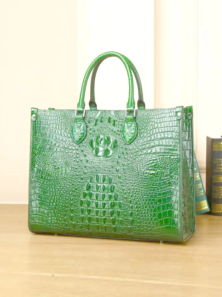 Large Croc-Embossed Leather Tote Bag