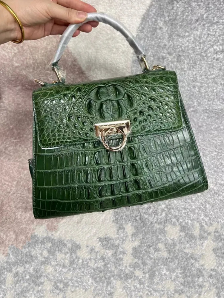 Retro Croc-Embossed Leather Top Handle Bag