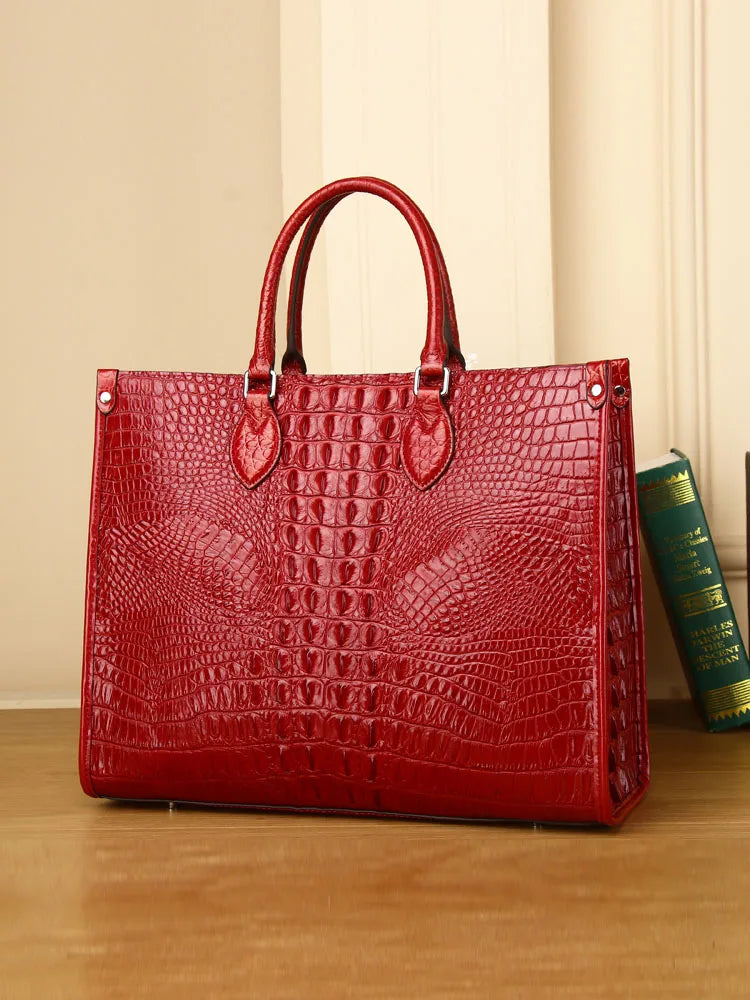 Large Croc-Embossed Leather Tote Bag