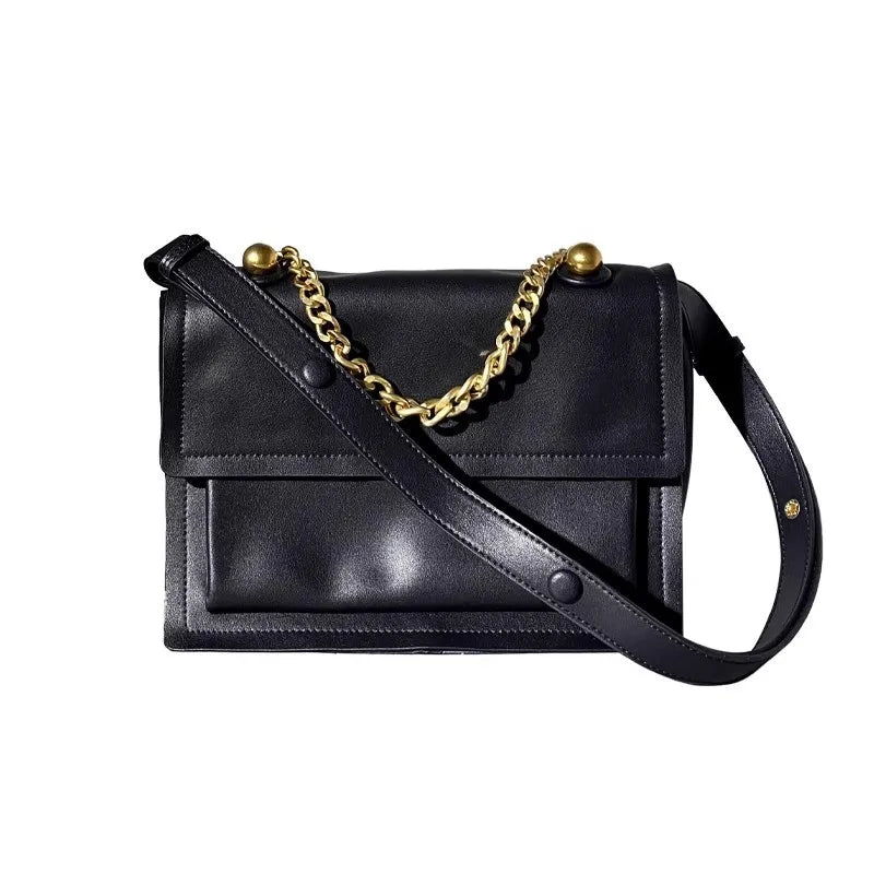 Leather Chain Flap Satchel Bag