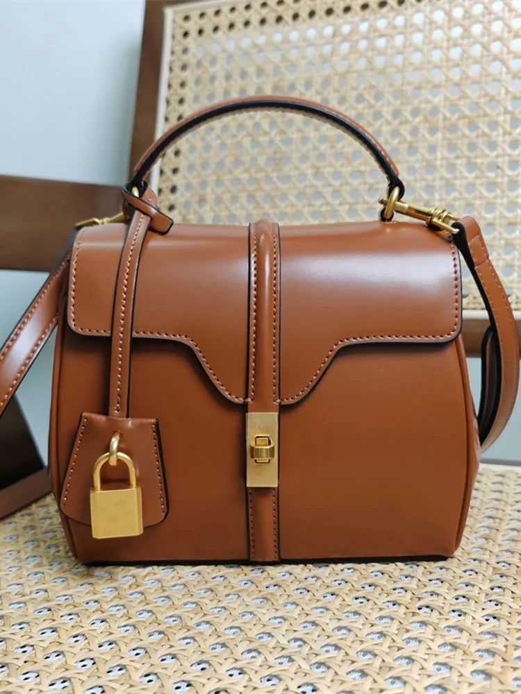 Leather Lock Flap Shoulder Bag