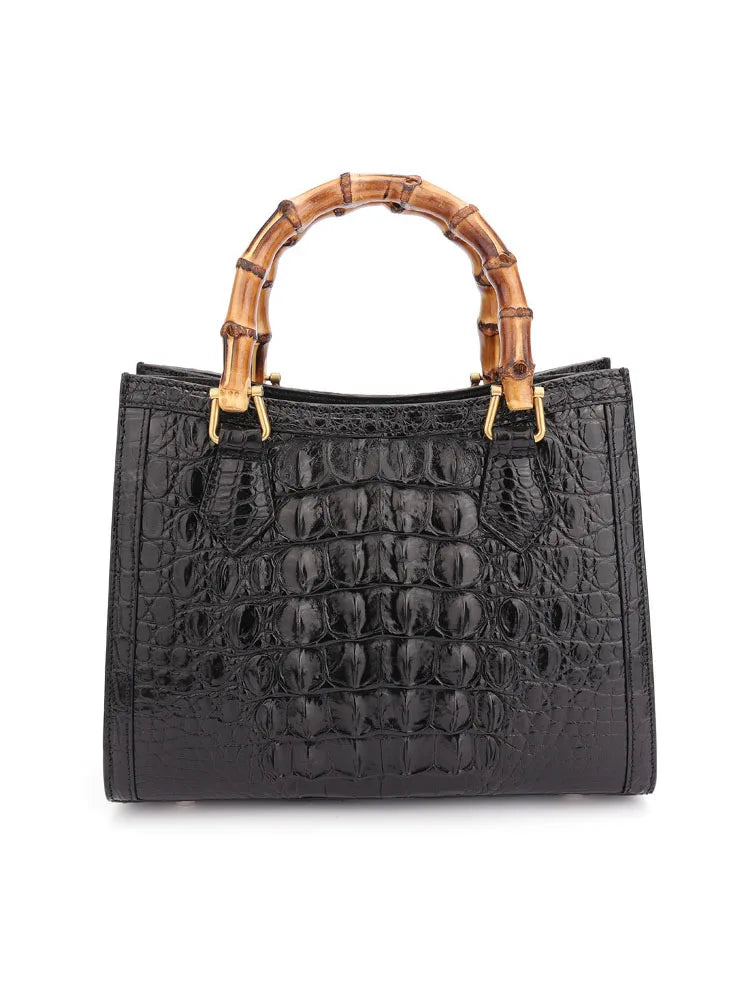 Elegant Croc-Embossed Leather Bamboo Handle Tote Bag
