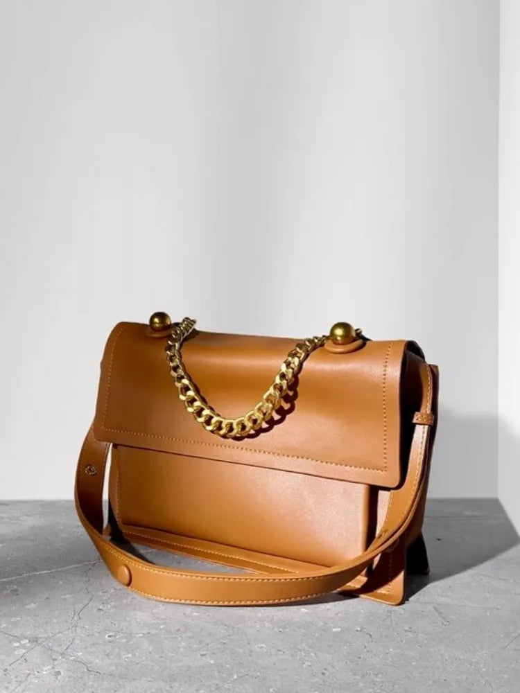 Leather Chain Flap Satchel Bag