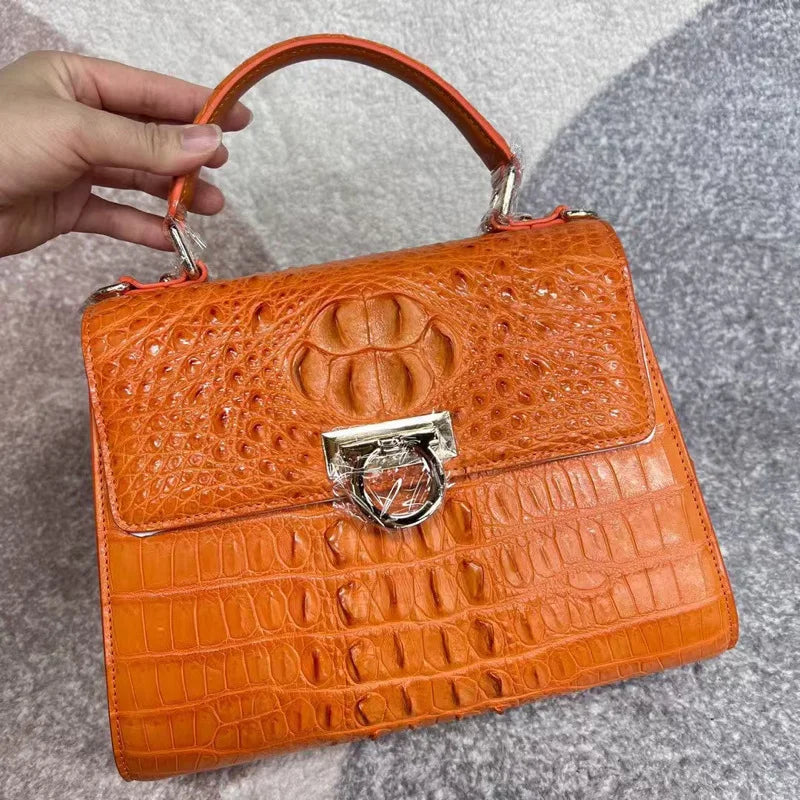 Retro Croc-Embossed Leather Top Handle Bag