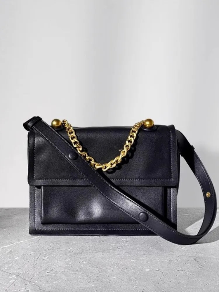 Leather Chain Flap Satchel Bag