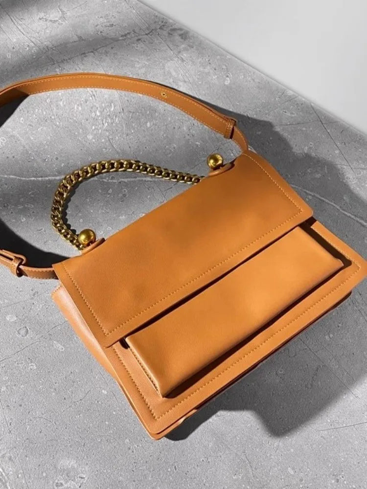 Leather Chain Flap Satchel Bag