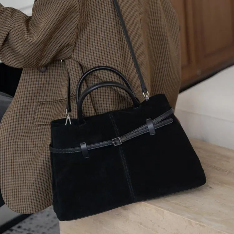 Suede Leather Top Handle Tote Bag