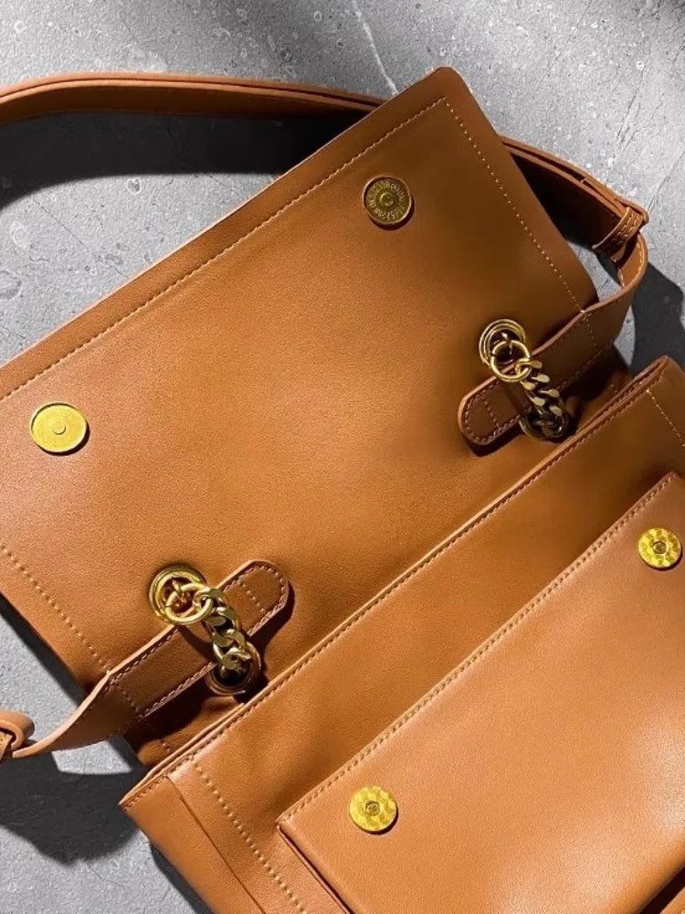 Leather Chain Flap Satchel Bag