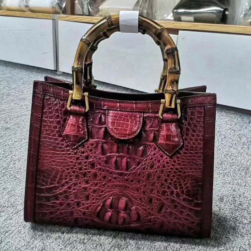Elegant Croc-Embossed Leather Bamboo Handle Tote Bag