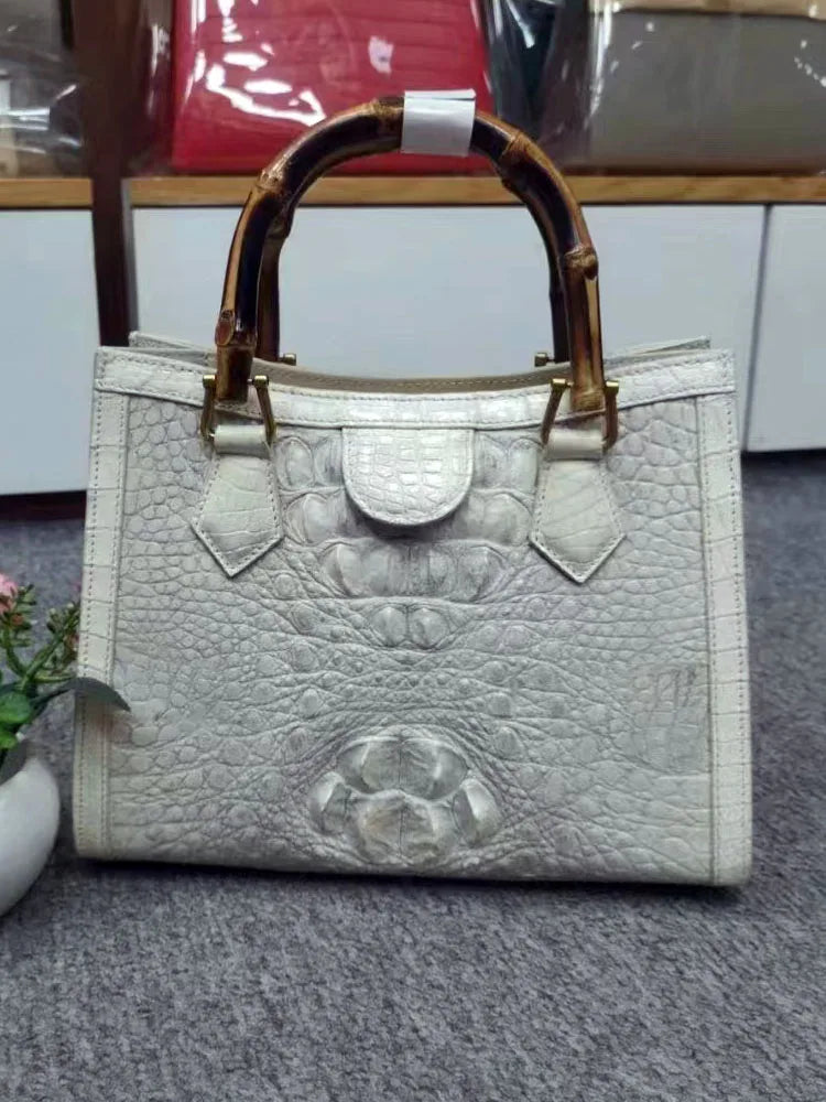 Elegant Croc-Embossed Leather Bamboo Handle Tote Bag
