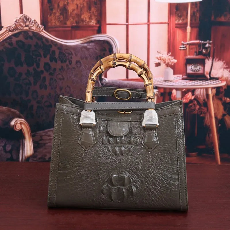 Elegant Croc-Embossed Leather Bamboo Handle Tote Bag