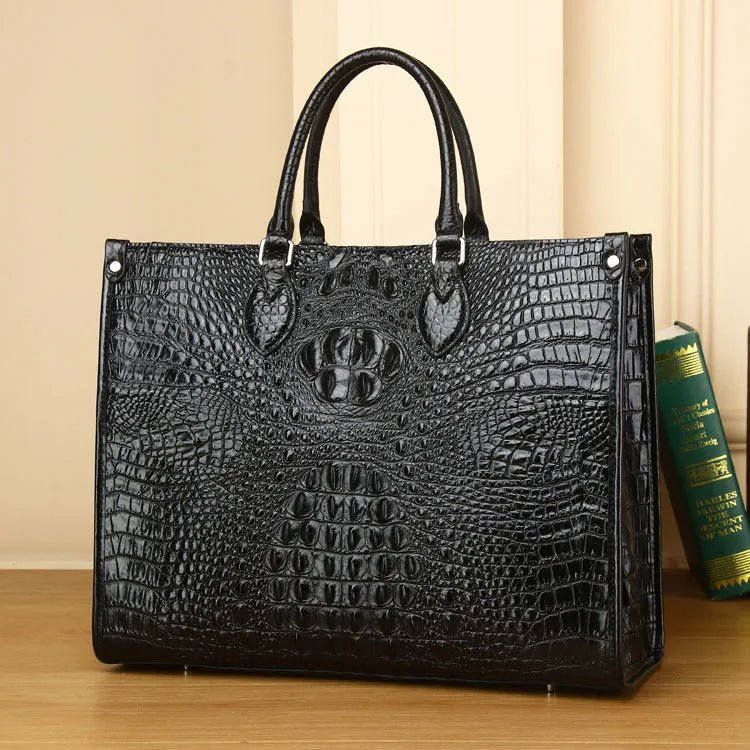 Large Croc-Embossed Leather Tote Bag