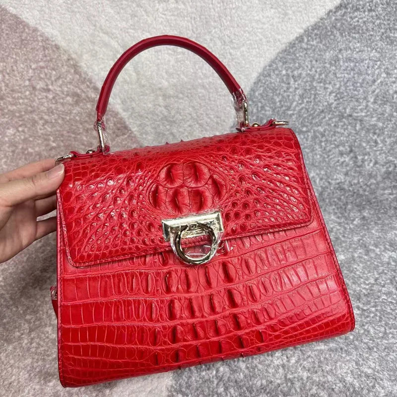 Retro Croc-Embossed Leather Top Handle Bag