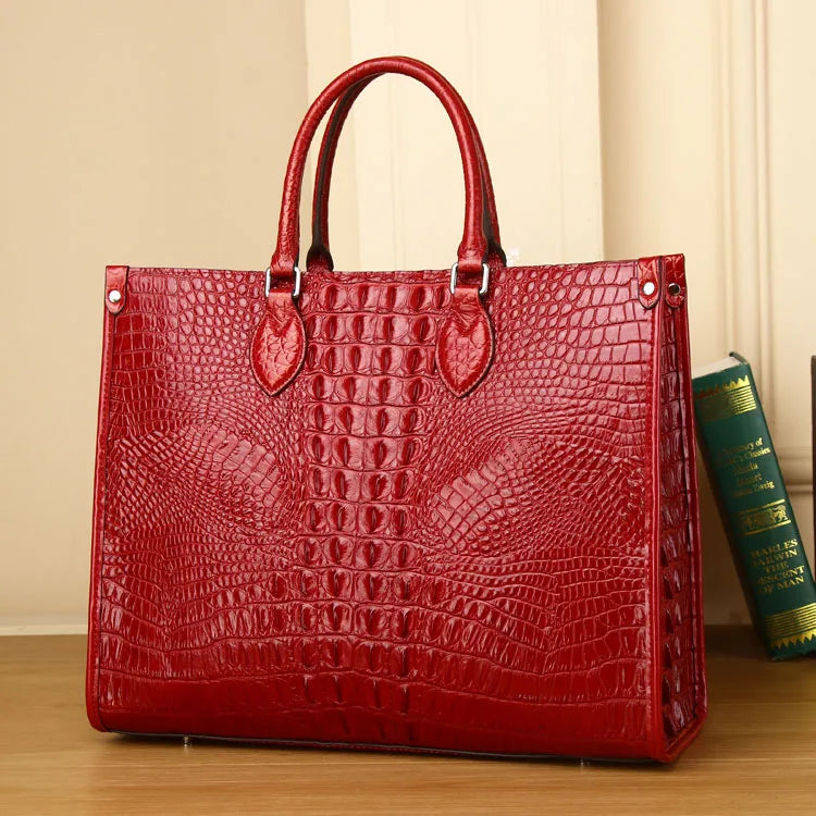 Large Croc-Embossed Leather Tote Bag