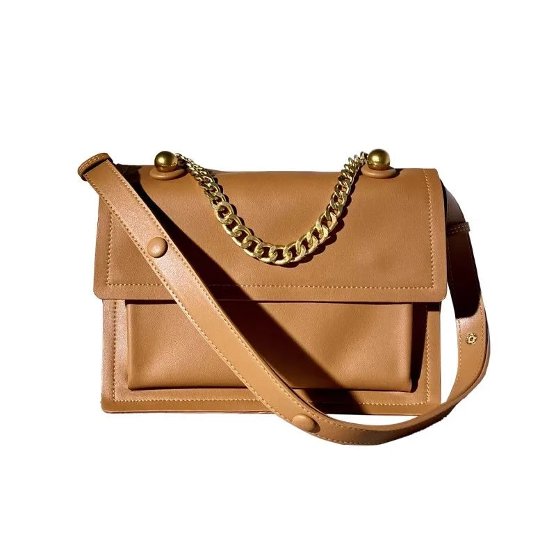 Leather Chain Flap Satchel Bag