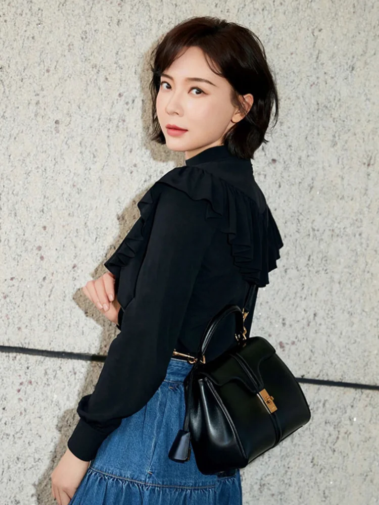 Leather Lock Flap Shoulder Bag