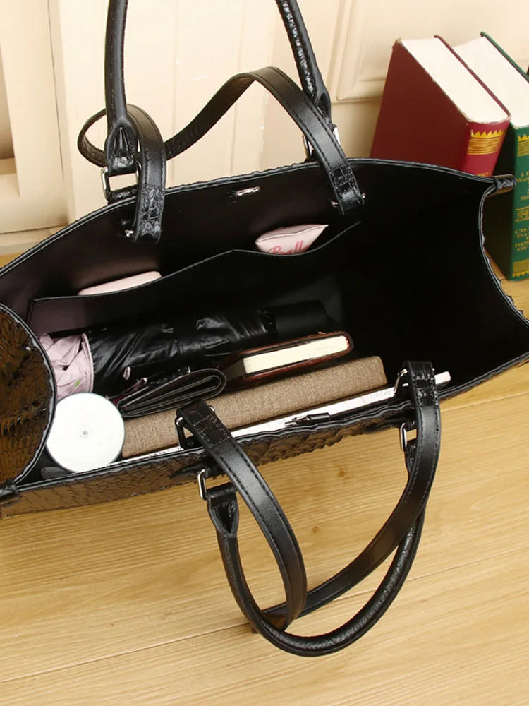 Large Croc-Embossed Leather Tote Bag