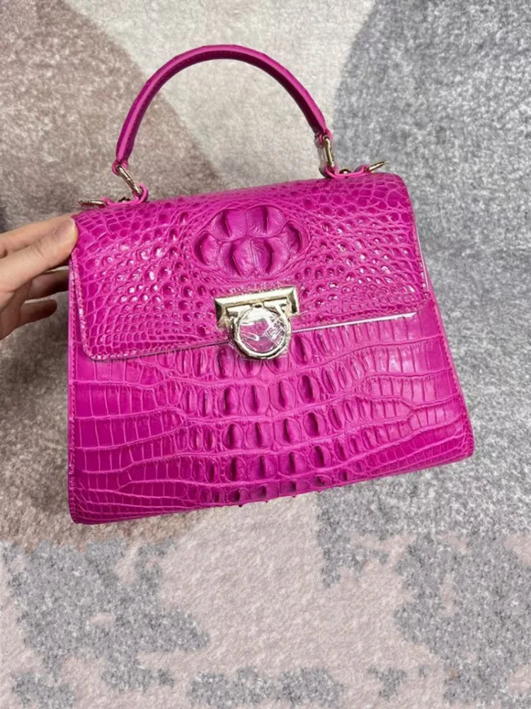 Retro Croc-Embossed Leather Top Handle Bag