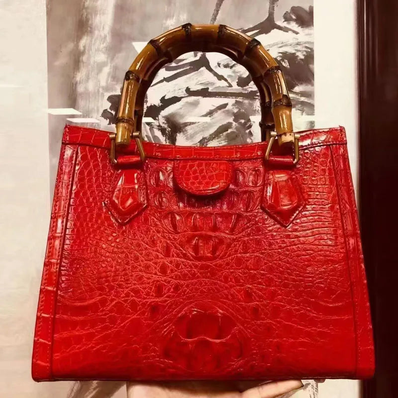 Elegant Croc-Embossed Leather Bamboo Handle Tote Bag