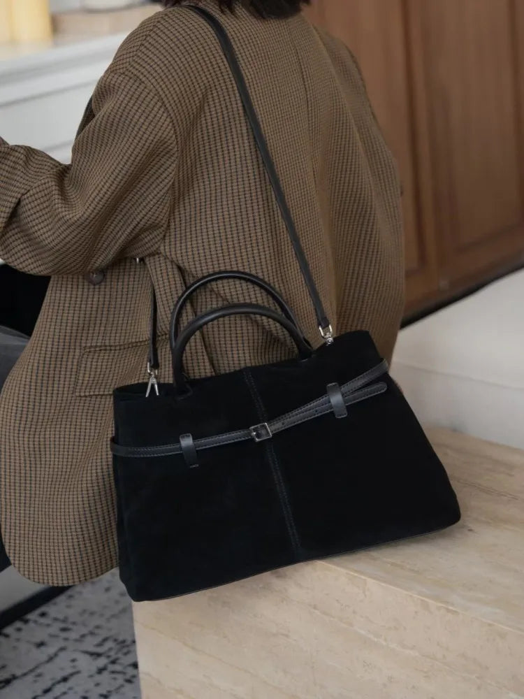 Suede Leather Top Handle Tote Bag