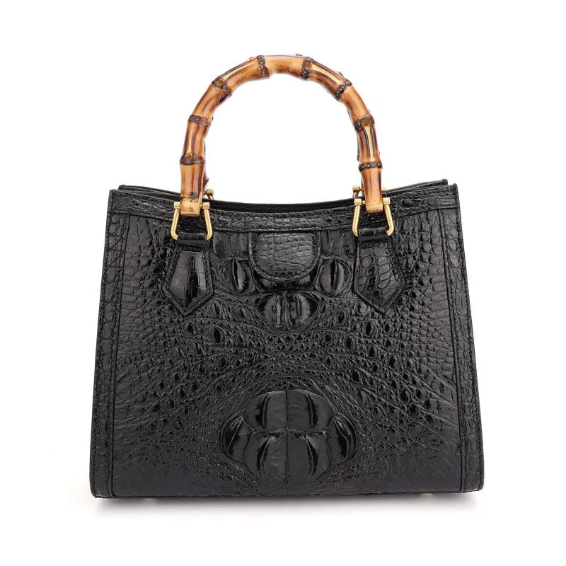 Elegant Croc-Embossed Leather Bamboo Handle Tote Bag